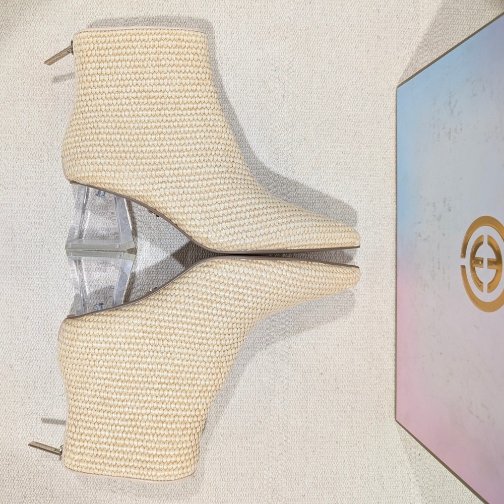 Cecelia New York Natural Woven Pointed Toe Clear Block Heel Bootie 6.5M